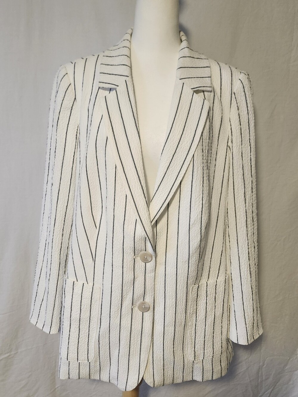 Penningtons Women's White With Charcoal Pinstripe Blazer Jacket